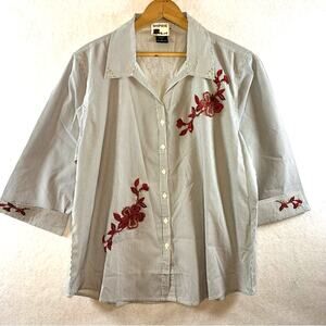 Shipshe Womens Striped Button Top Sz L Western Artsy 3D Floral Applique